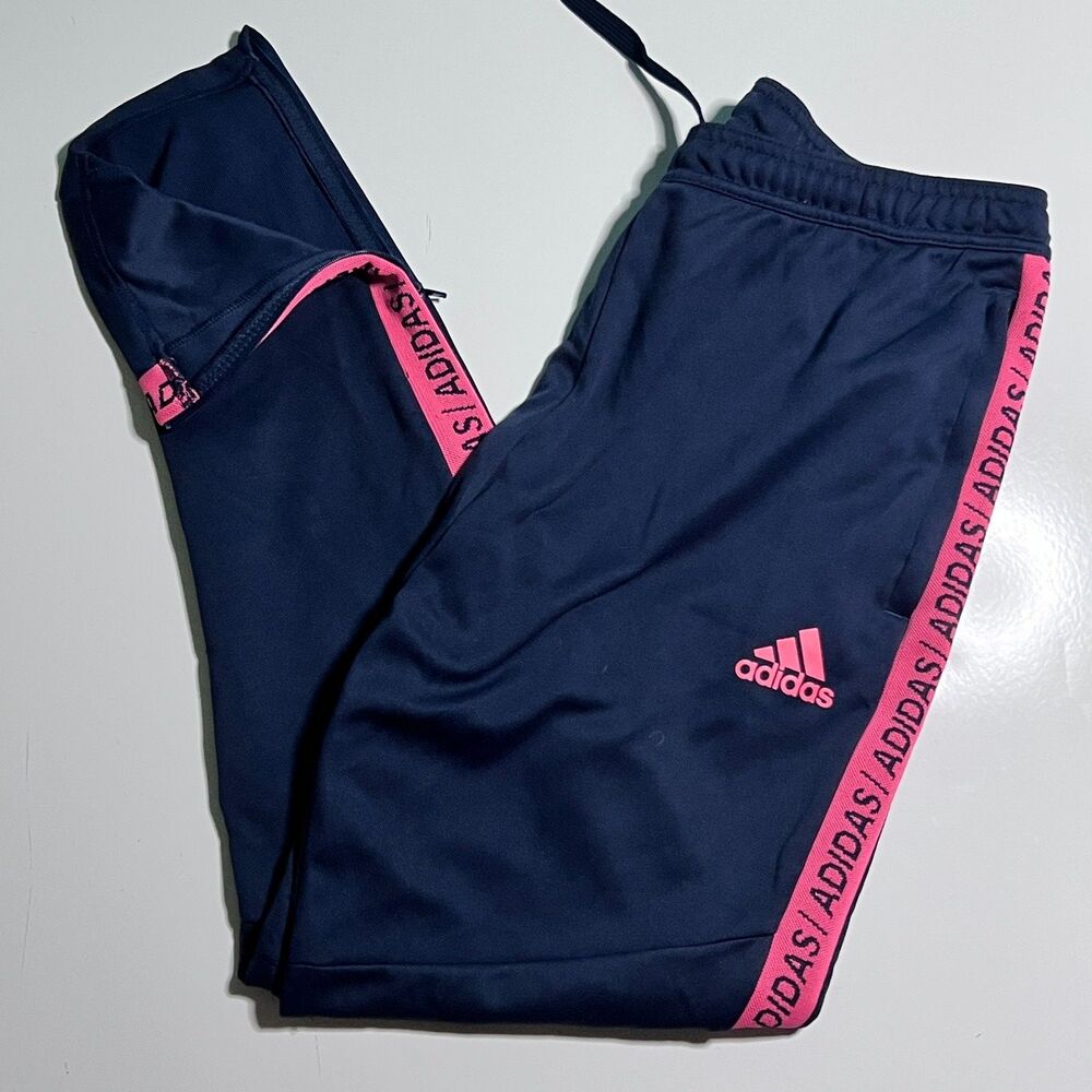 Adidas Aeroready Track Pants Mens L Navy Blue Pink Logo Tape Joggers Tapered